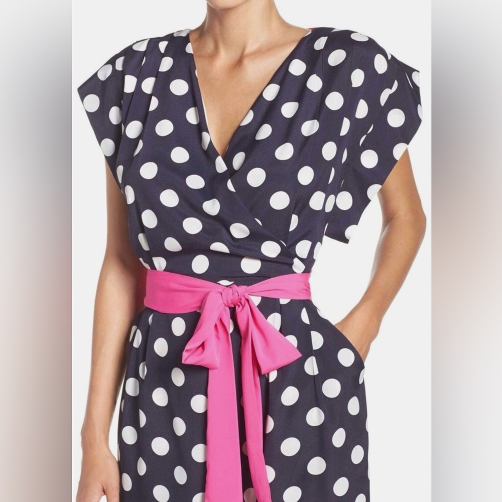 Eliza J Navy Polka Dot Dress with Pink Belt